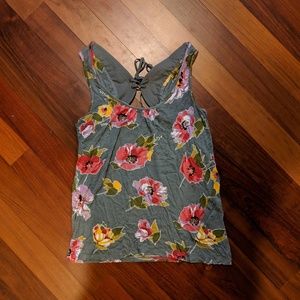 Gray floral lace up back tank